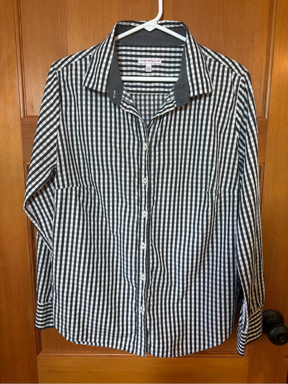 Peter Millar Black and White Gingham Shirt with Pink Logo Tag